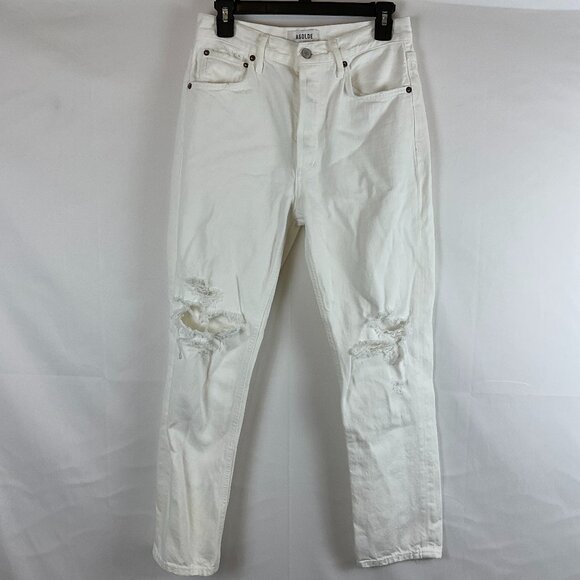AGOLDE Jeans Riley Crop 26 White Distressed Destroyed Button Fly - Picture 1 of 10